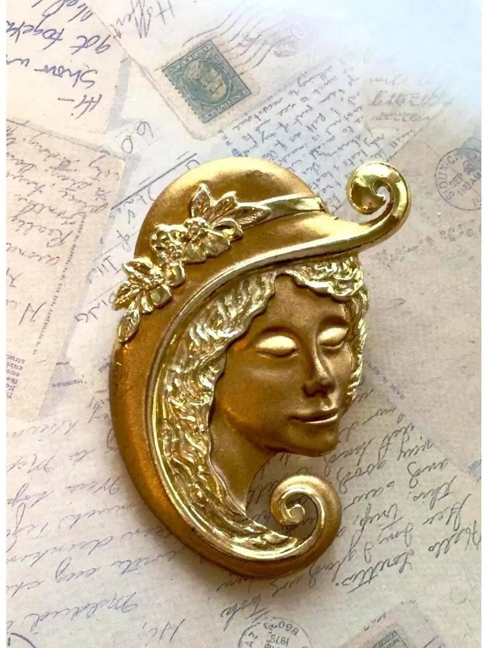 Vintage Signed Lady Face Brooch Art Nouveau Elegant Pin